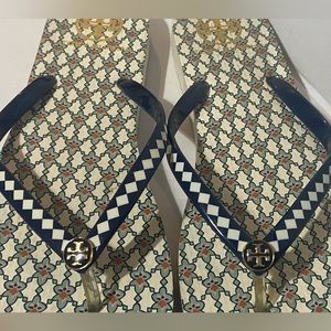 Tory Burch Navy and Gold Women's Flip Flops